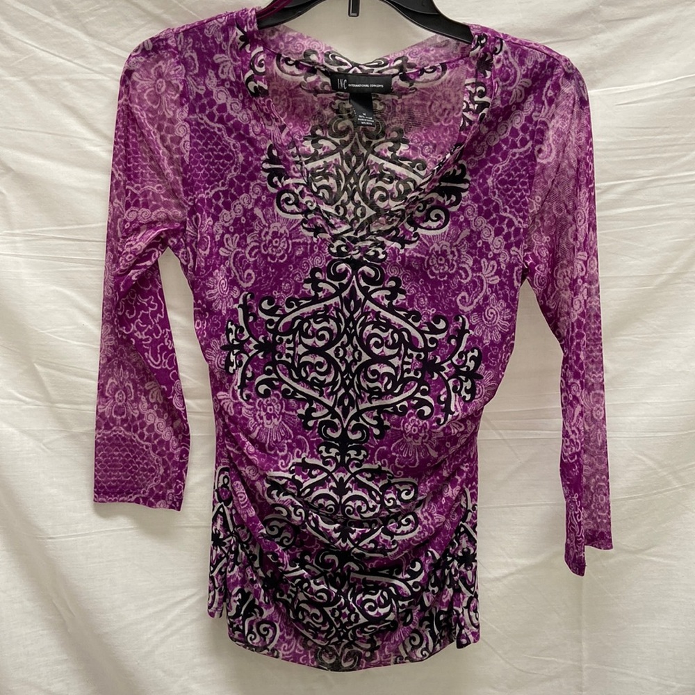 Purplish plum and black 3/4 sleeve sheer top